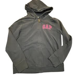 Vintage Gap Women L Full Zip Hoodie Gray Pink Logo Y2K Cozy Casual Zip Up Jacket